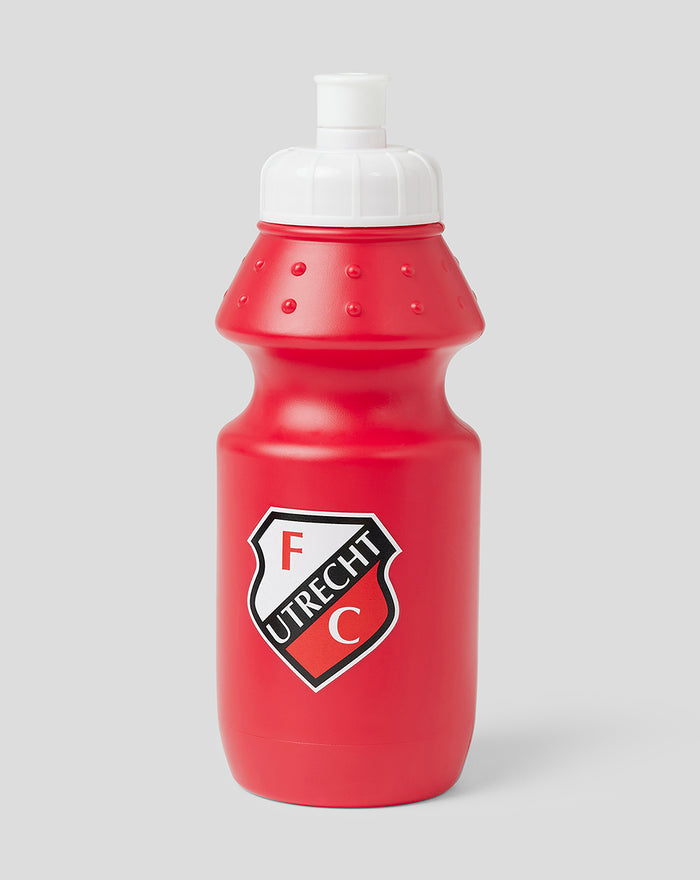 Red FC Utrecht plastic water bottle with white cap and team crest.