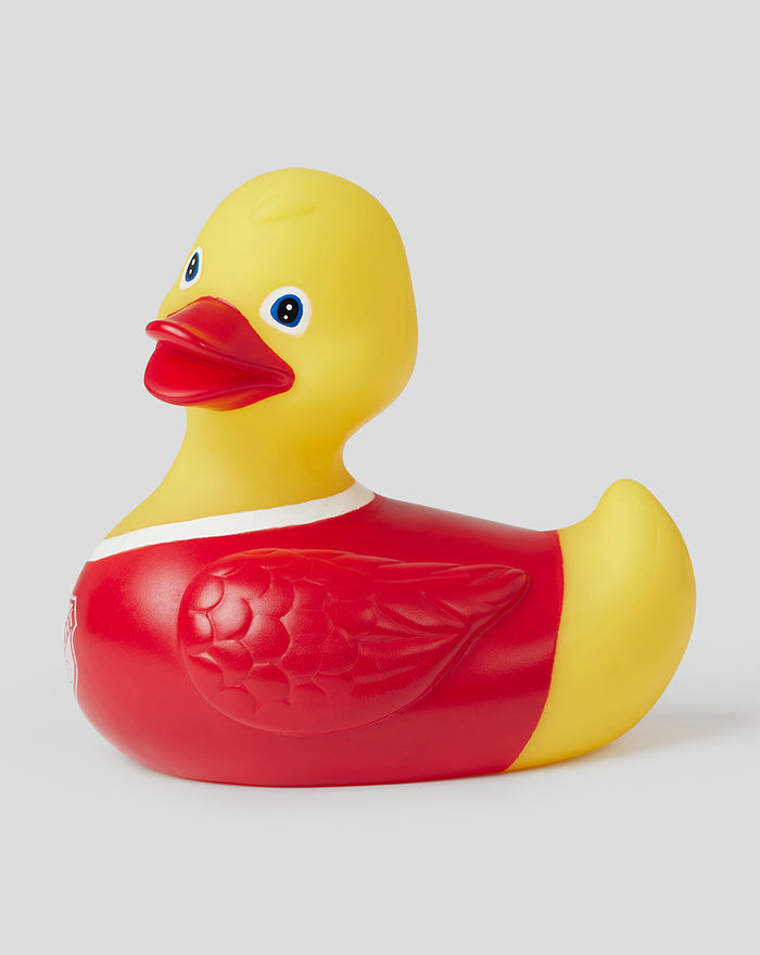 Side view of a rubber duck in FC Utrecht red jersey with white trim