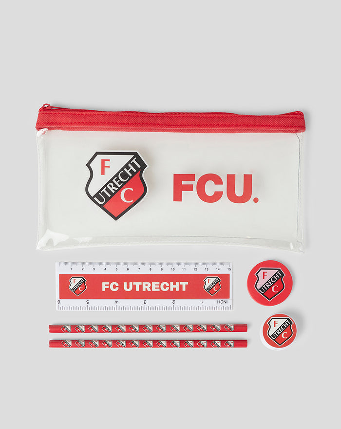 FC Utrecht essentials stationery set laid out with a white pouch ruler pencils and round badges.