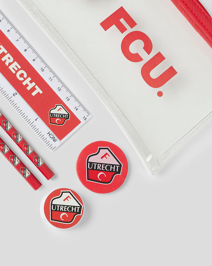FC Utrecht essentials stationery set with a white branded ruler, red pencils, and crest stickers