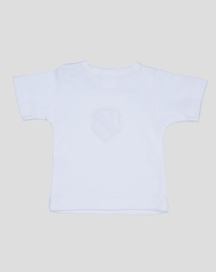 White FC Utrecht baby T shirt viewed from the back with a subtle shield logo