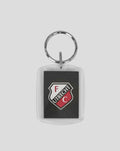 FC Utrecht logo keychain with a clear plastic case and metal ring