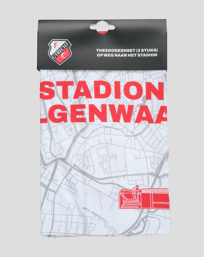 FC Utrecht two piece dish towel set in packaging with map background and bold red STADION lettering