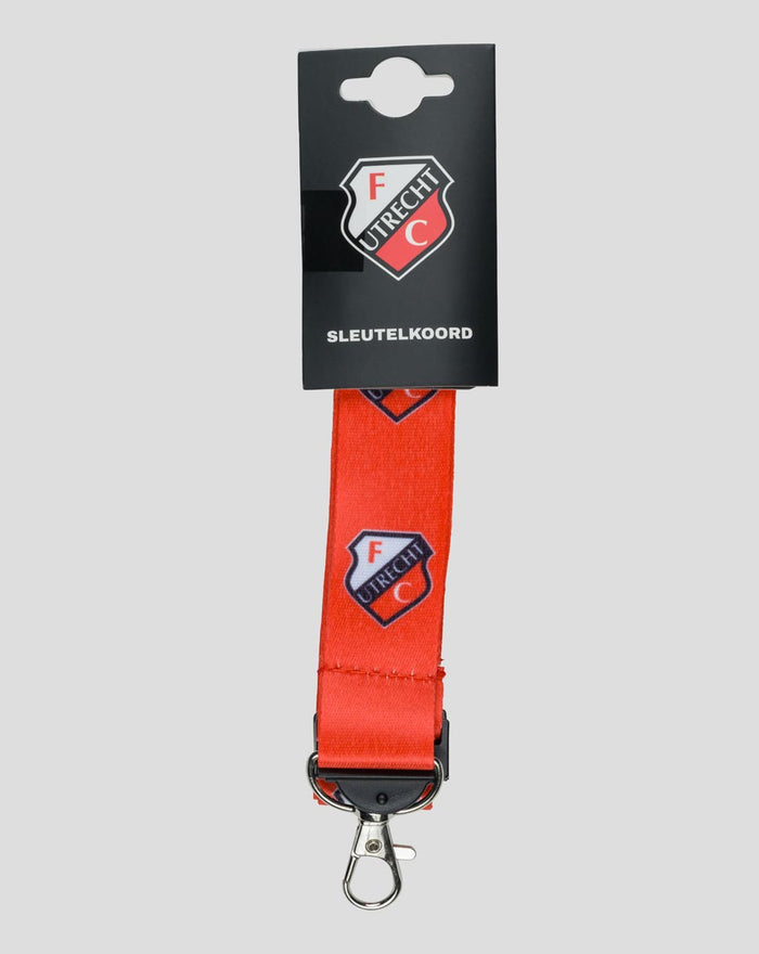 Red FC Utrecht keycord on packaging with crest badge and metal clip at the end