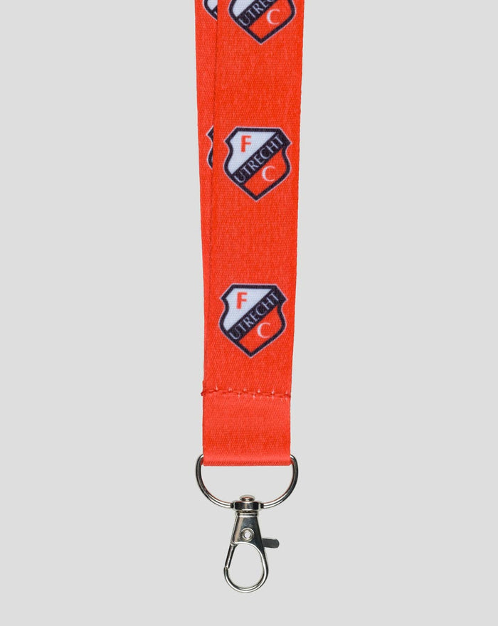 Red FC Utrecht keycord with crest pattern and a metal lobster clasp