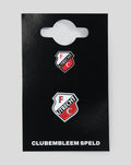 Two FC Utrecht club emblem patches on a black display card