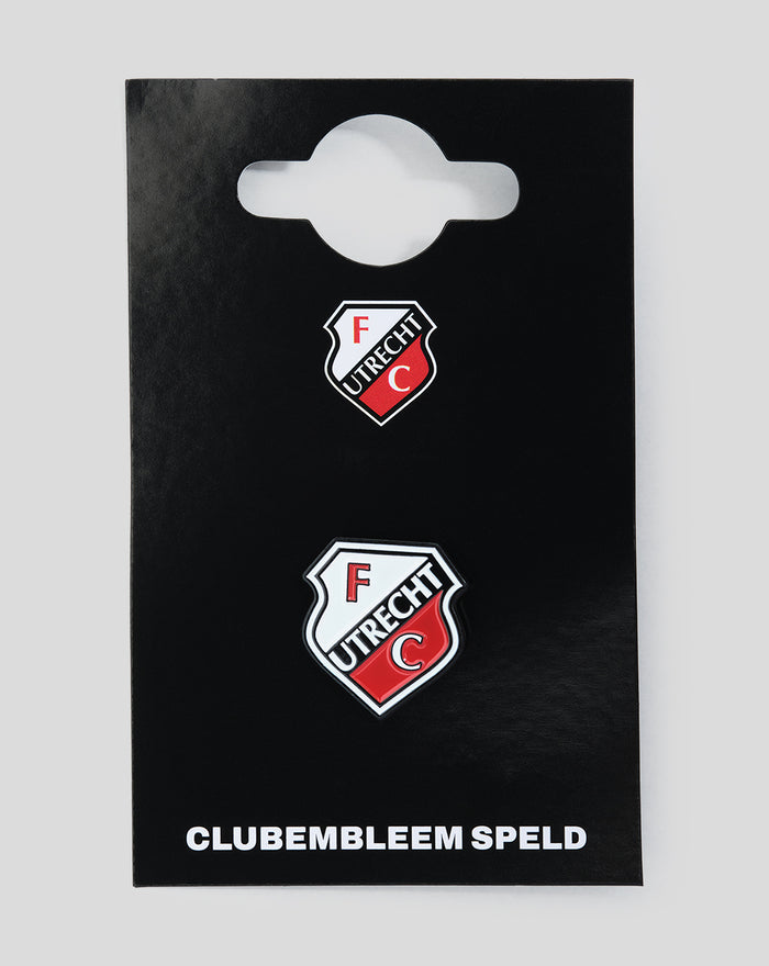 Two FC Utrecht club emblem patches on a black display card