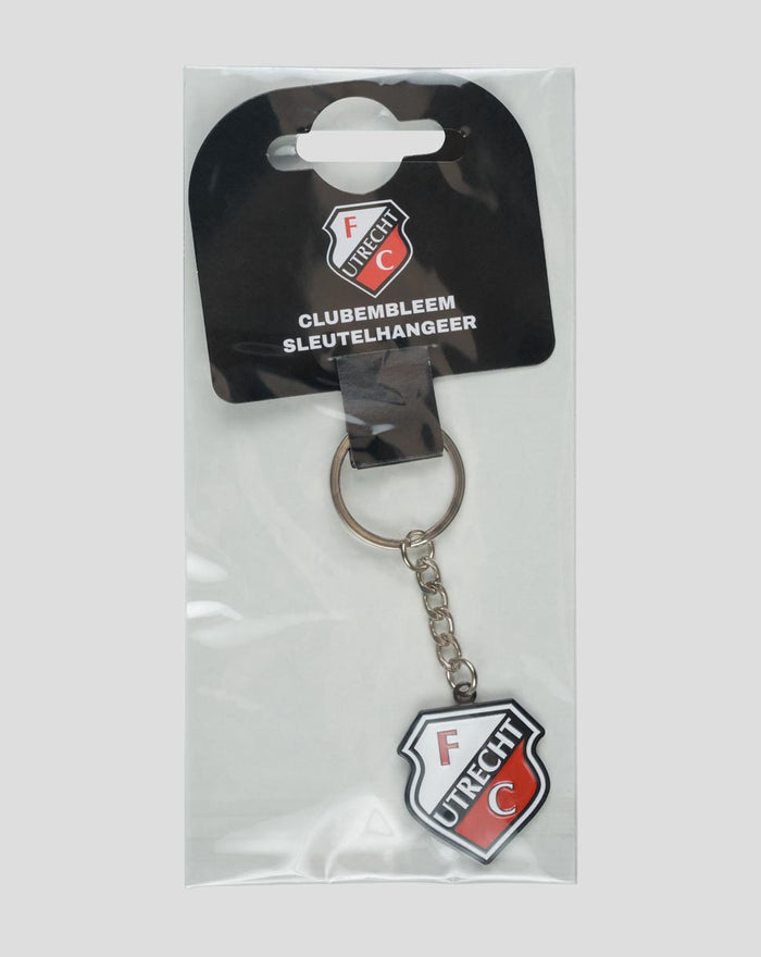 FC Utrecht shield logo keychain with metal ring on clear packaging