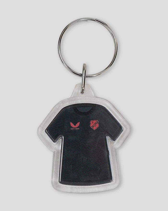Keychain shaped FC Utrecht away jersey with dark color and red crest logos