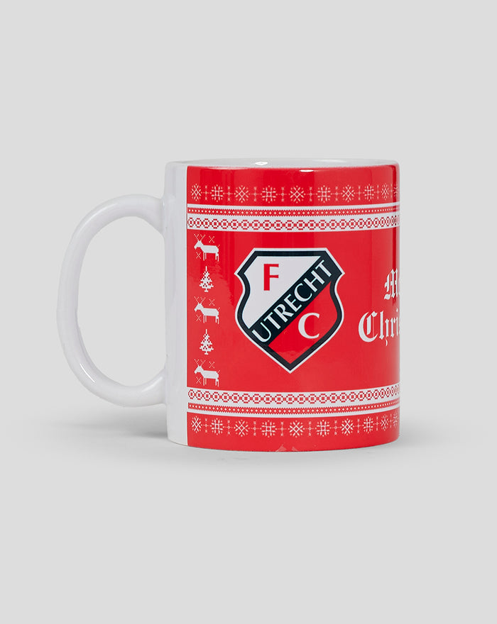 Red FC Utrecht Christmas mug with crest and festive white patterns