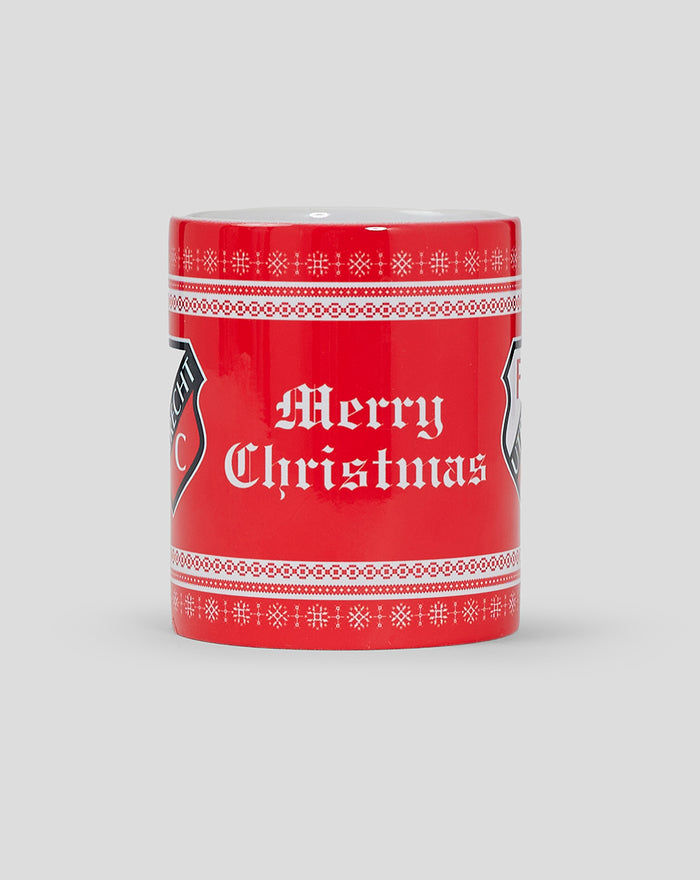 Red FC Utrecht Christmas mug with Merry Christmas text and decorative white trim.