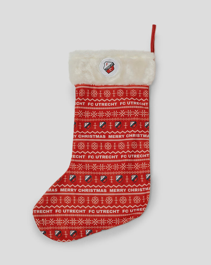Red FC Utrecht Christmas stocking with white fur cuff and festive knit patterns
