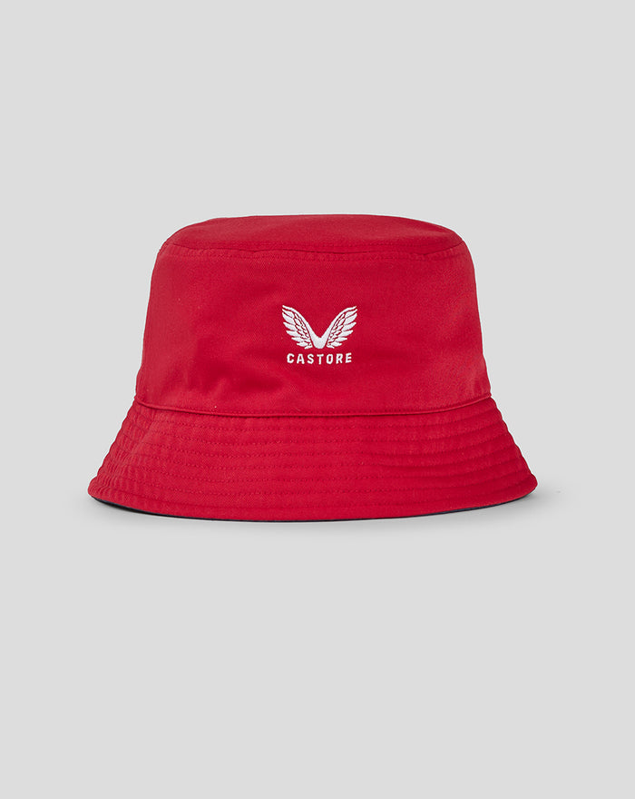 Red bucket hat with white Castore logo and wings on the front