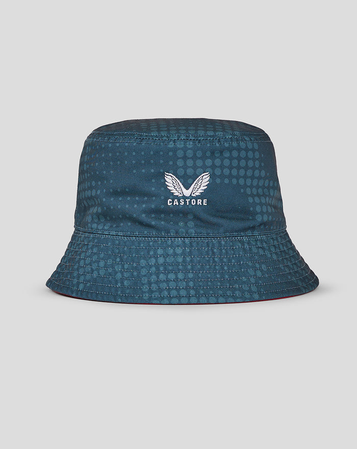 Back view of the dark teal reversible bucket hat with the Castore logo