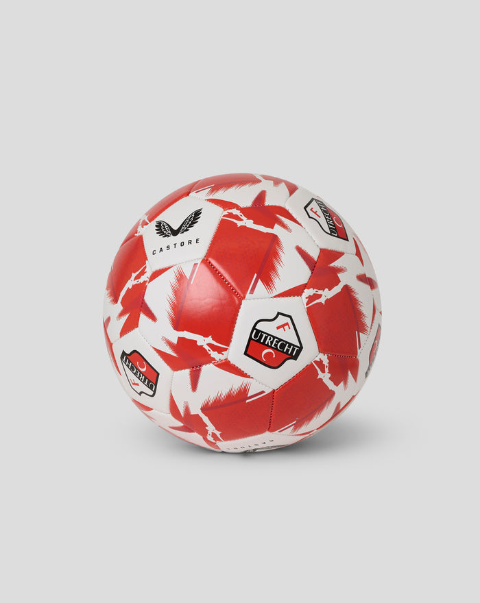 Close up of a red and white FC Utrecht classic football showing crest logos and Castore branding.