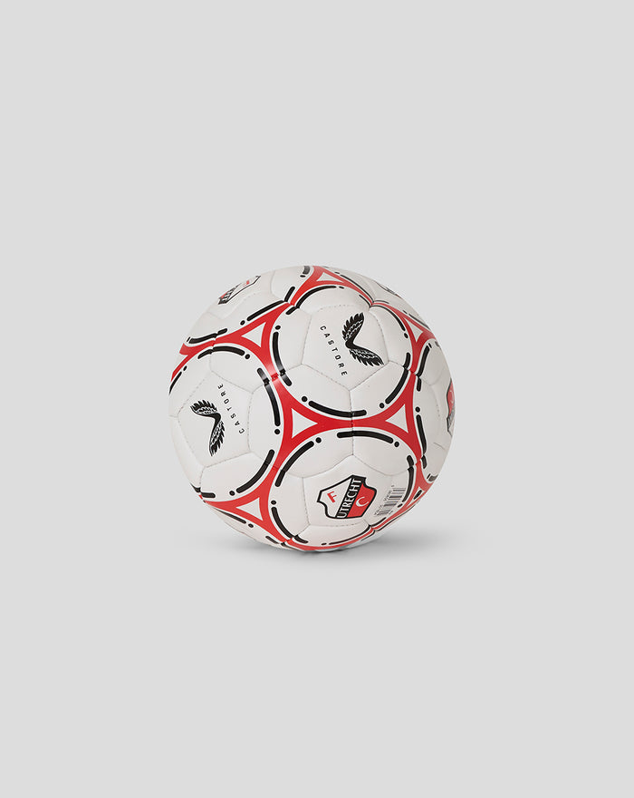 FC Utrecht mini football size 1 viewed from the side with white panels and red black pattern and crest