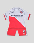 White FC Utrecht mini dress with red diagonal panel and crest on chest.
