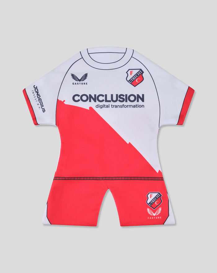 White FC Utrecht mini dress with red diagonal panel and crest on chest.