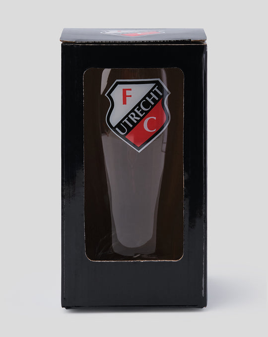Box packaging with a window showing the FC Utrecht crest pint glass inside.