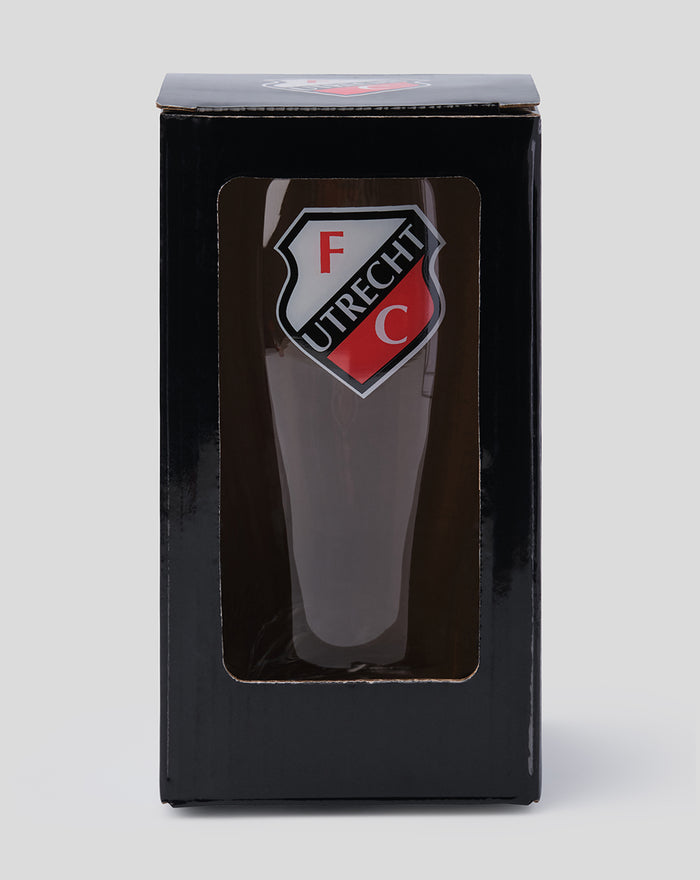 Box packaging with a window showing the FC Utrecht crest pint glass inside.