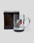 Clear beer mug featuring FC Utrecht crest beside a black box.