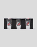 Set of three FC Utrecht shot glasses in a black holder, each with the club crest.