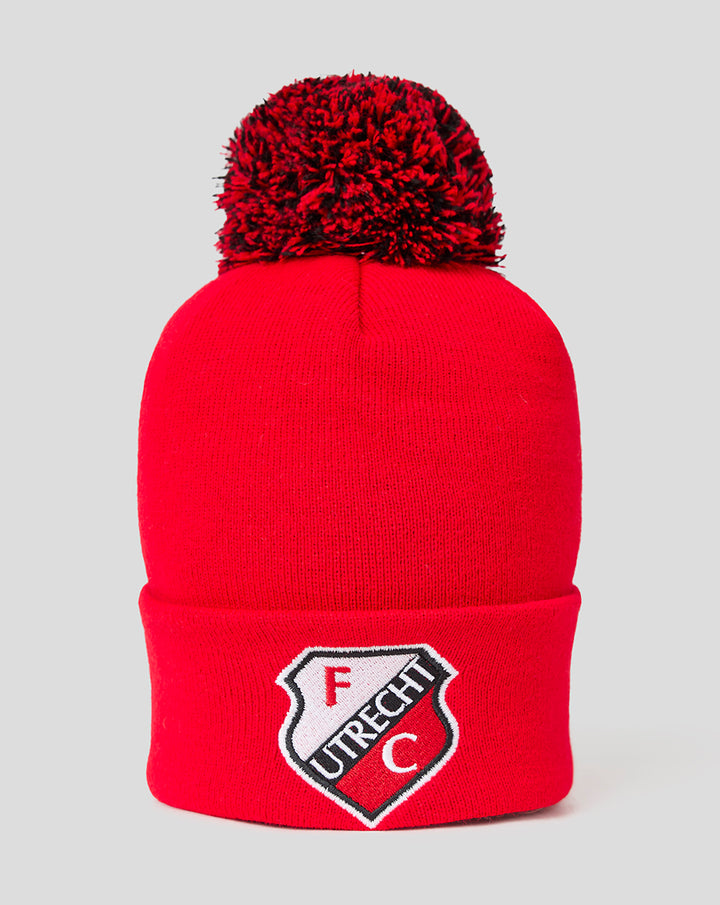 Red FC Utrecht junior knit beanie with pom-pom and the Utrecht crest on the cuff