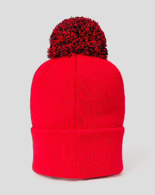 Back view of red FC Utrecht junior knit beanie with pom-pom and crest on the cuff