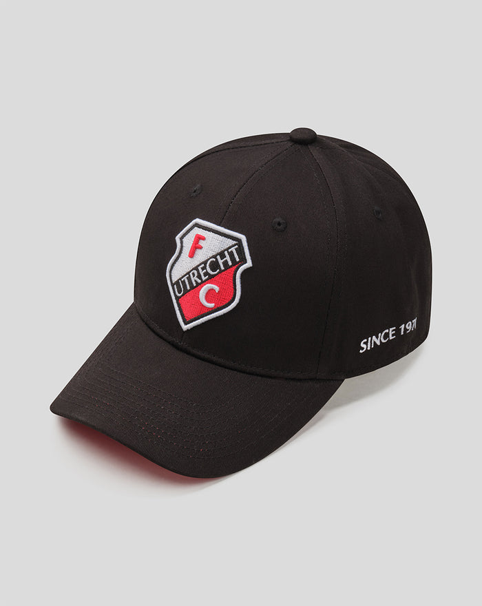 Front angled view of black FC Utrecht cap showing the shield crest on the front panel.