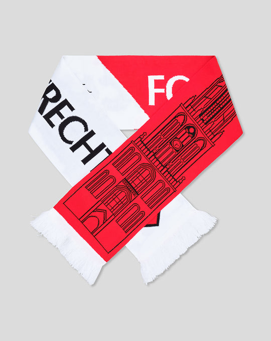 FC Utrecht Dom II scarf in red and white featuring the crest and architectural line drawing