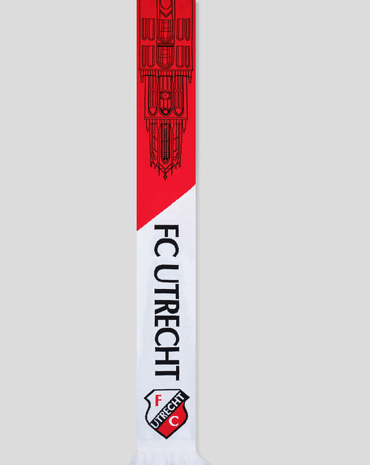 FC Utrecht scarf shown vertically with red upper section white lower diagonal panel cathedral line art and crest at bottom.