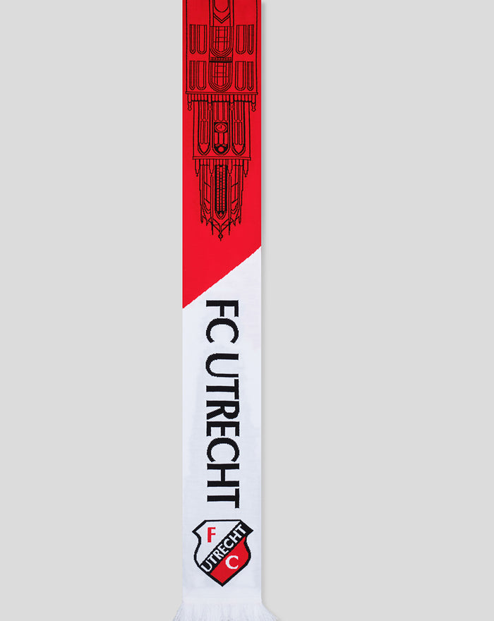 FC Utrecht scarf shown vertically with red upper section white lower diagonal panel cathedral line art and crest at bottom.