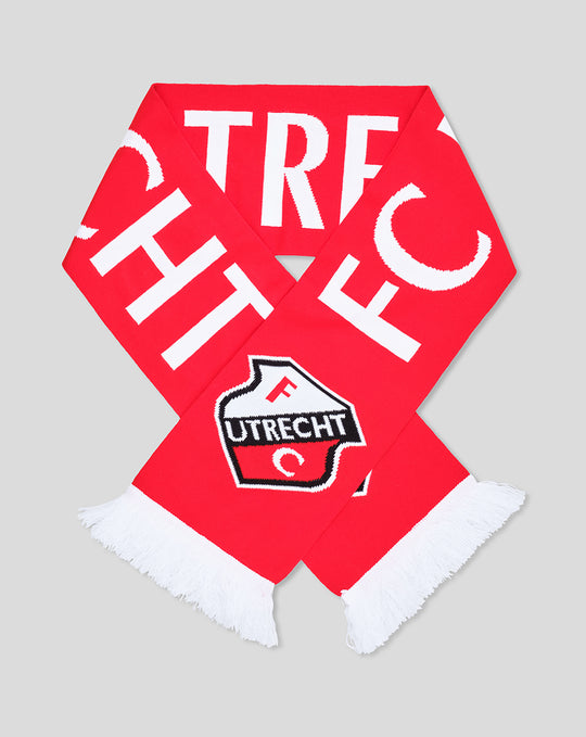 Red FC Utrecht scarf with bold white UTRECHT lettering and club crest, white fringe ends.
