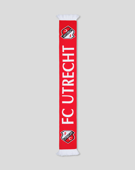 Long red FC Utrecht scarf with large white letters and crest at the ends with white fringe