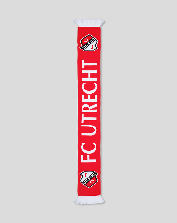 Long red FC Utrecht scarf with large white letters and crest at the ends with white fringe