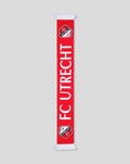 Long red FC Utrecht scarf with large white letters and crest at the ends with white fringe
