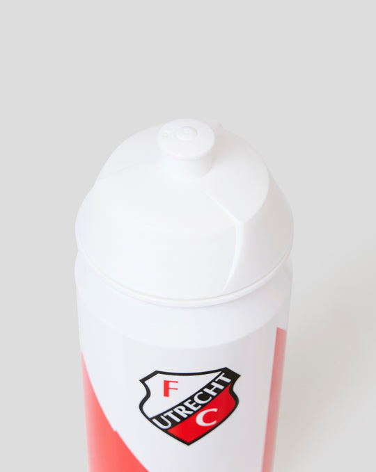 White FC Utrecht plastic water bottle with shield crest and flip top spout.